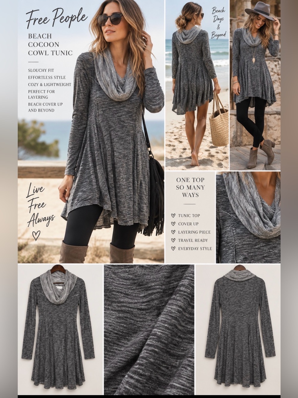 Free People Beach Cocoon Cowl Tunic Knit‎ Gray Top Slouchy Cover Up Women XS